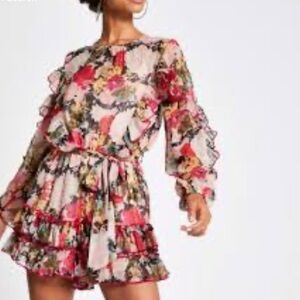 River Island ruffle playsuit floral romper fits women’s small pink yellow